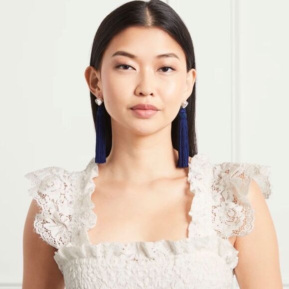 Hill House Navy Tassel Heart Earrings - Picture 7 of 8